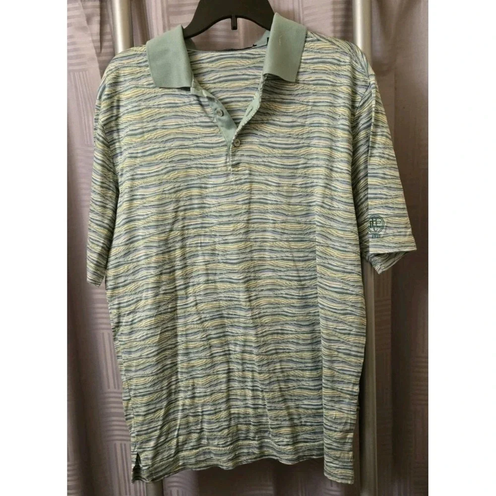 Bugatchi Uomo Mens Polo Shirt Size Large Wavy Striped Green‎ Short Sleeve